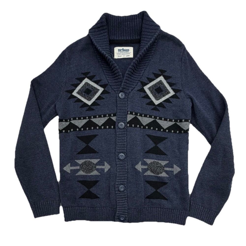 Urban Pipeline Southwestern Cardigan Mens L Sweater Navy Knit Cowl Neck Aztec